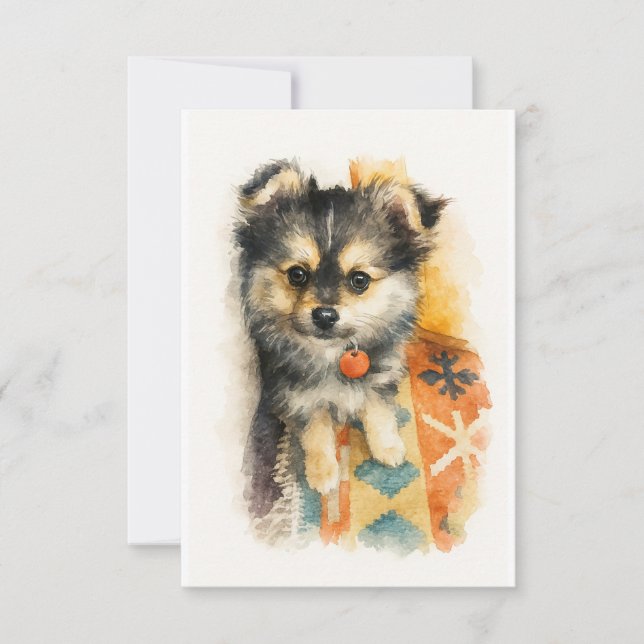 Cartão De Agradecimento Filhote de Pomchi em Aquarela  (Frente)