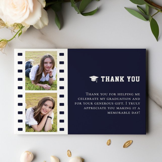 Cartão De Agradecimento Filmstrip Foto Collage Graduação Azul Obrigado (Blue Filmstrip Photo Collage Graduation Thank You Cards)