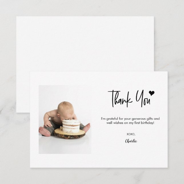 Cartão De Agradecimento First Birthday Custom Photo Modern script note  (Frente/Verso)