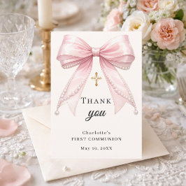 Cartão De Agradecimento First Communion bow pink ivory pearls gold cross