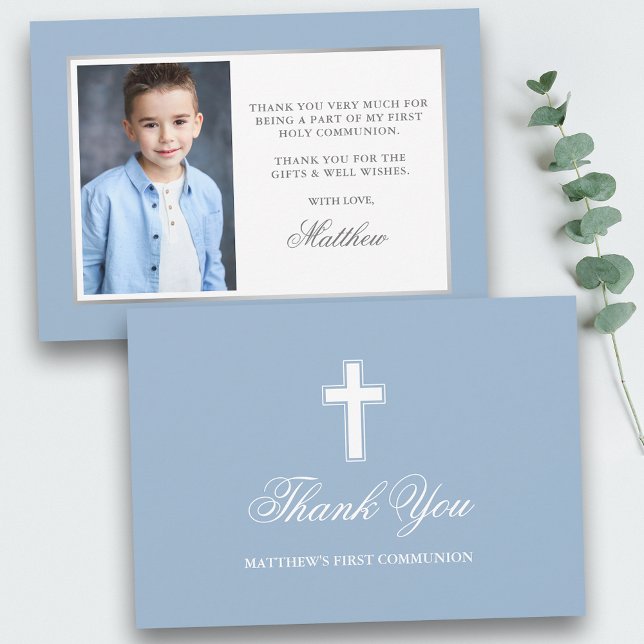 Cartão De Agradecimento First Holy Communion Light Blue Photo (Customize to change text size, color or text style.)