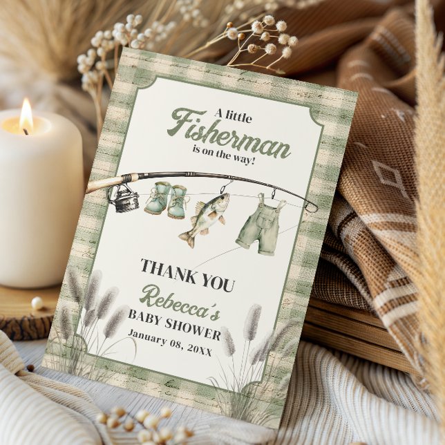 Cartão De Agradecimento Fisherman Gingham Clothesline Fishing Baby Shower (Criador carregado)