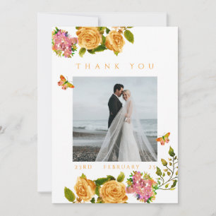 Cartão De Agradecimento Fita Monograma de Foto de Casamento Obrigado Rosa