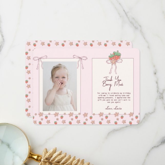 Cartão De Agradecimento Fita Rosa De Morangos De Verão (Frente/Verso In Situ)