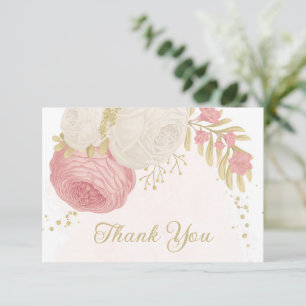 Cartão De Agradecimento Flaires românticos rosa e branco dourado casamento