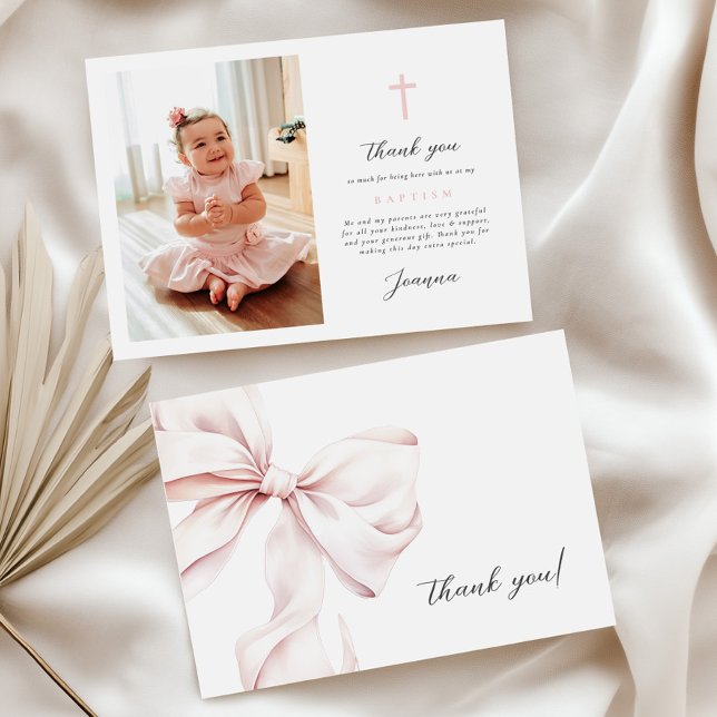 Cartão De Agradecimento Flat Thank You Card Pink Bow With Photo (Criador carregado)