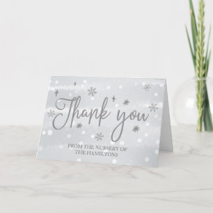 Cartão De Agradecimento Flocos de Neve Cinza Prata Baby Shower Agradecimen