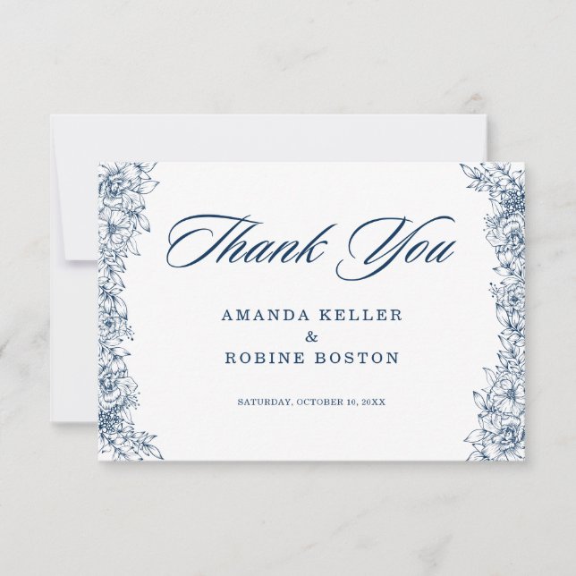 Cartão De Agradecimento Flor Branco Azul Elegante (Frente)