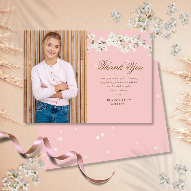 Cartão De Agradecimento Flor Branco da Foto da Primeira Comunhão Rosa (Pink First Holy Communion Photo White Blossom Thank You Card)