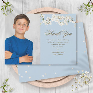 Cartão De Agradecimento Flor Branco Primeira Foto Azul de Comunhão Santa