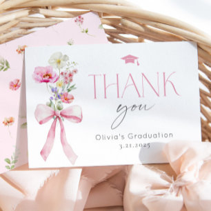 Cartão De Agradecimento Flor de Campo Floral Laço Rosa Graduação