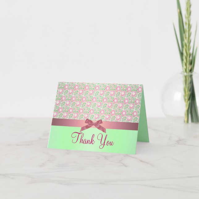 Cartão de agradecimento Flor Rosa/Verde & Laços (Frente)