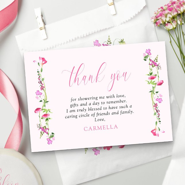 Cartão De Agradecimento Flor Silvestre Rosa Bonita Delicada (Pretty pink thank you cards with pink calligraphy from my Pink Wildflower Bridal Shower collection)