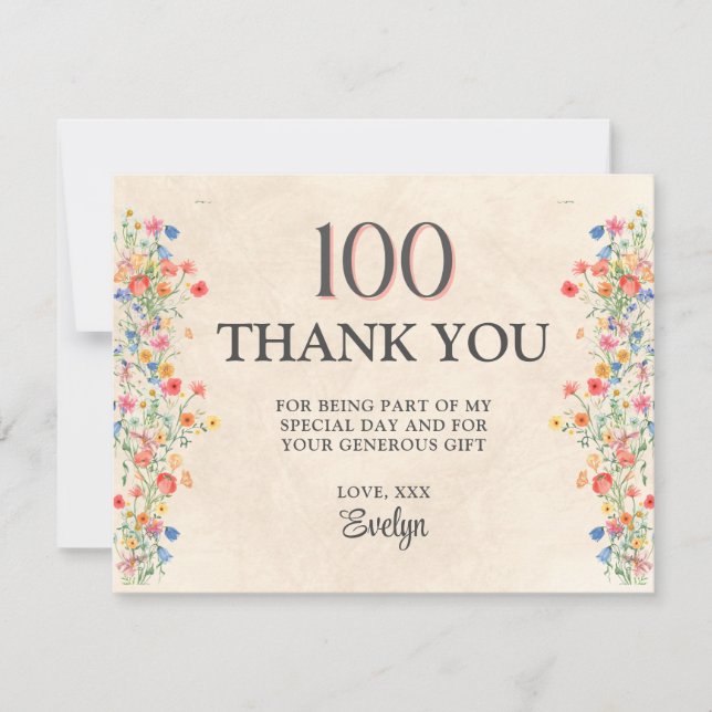 Cartão De Agradecimento Floral 100th Birthday – Elegant Wildflower (Frente)