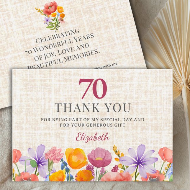 Cartão De Agradecimento Floral 70th Birthday - Elegant Garden Party Thanks (Criador carregado)