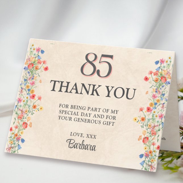 Cartão De Agradecimento Floral 85th Birthday – Elegant Wildflower 85 years (Criador carregado)
