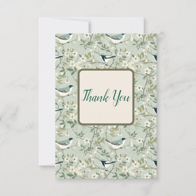 Cartão De Agradecimento Floral and Bird Thank You Card in Sage Green  (Frente)