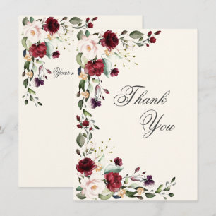 Cartão De Agradecimento Floral Aquarela Rosa Borgonha