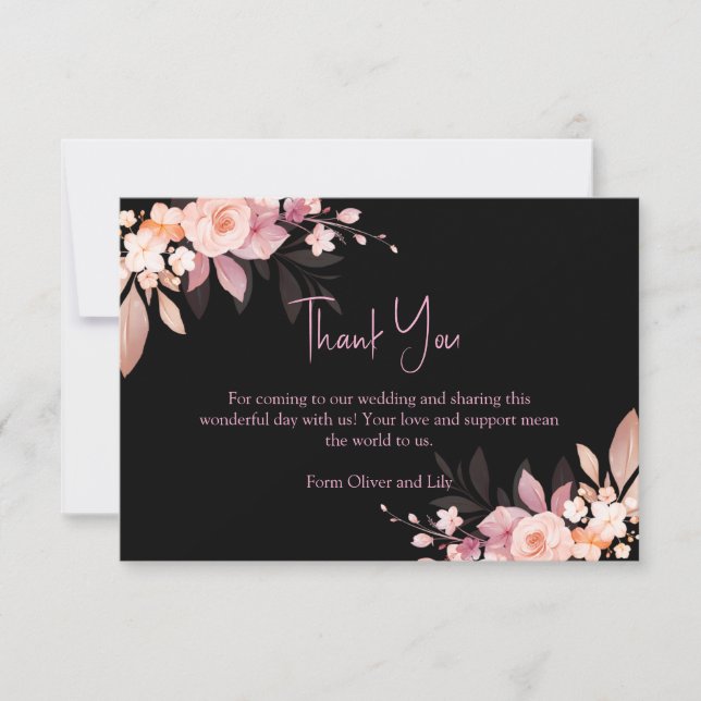Cartão De Agradecimento Floral Black & Blush Rose Wedding  (Frente)