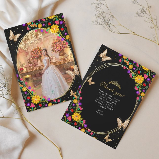 Cartão De Agradecimento Floral Black Butterfly Quinceañera Foto (Criador carregado)