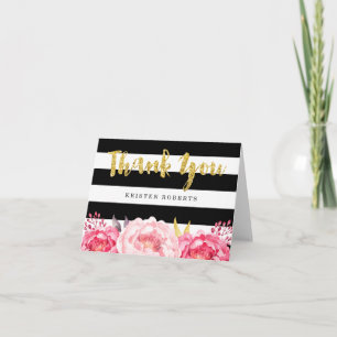 Cartão De Agradecimento Floral Black White Stripes Gold Glitter Thank You