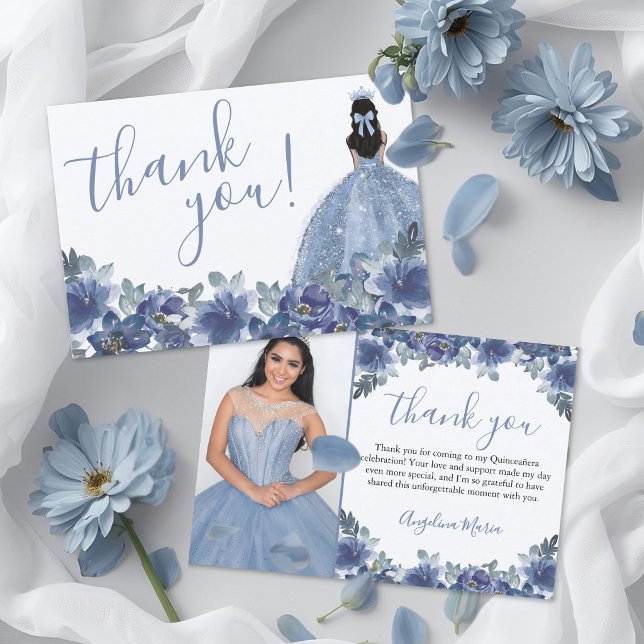 Cartão De Agradecimento Floral Blue Quinceanera (Floral Blue Quinceanera Thank You Card )