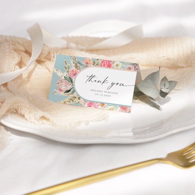 Cartão de agradecimento floral boêmio em azul turq (Criador carregado)