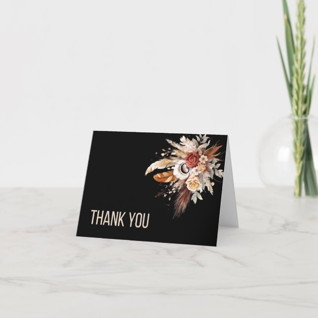Cartão De Agradecimento Floral Boho Preto (Frente)