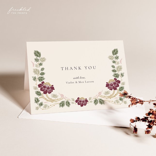 Cartão de Agradecimento Floral Borgonha (Burgundy Floral Art Nouveau Wedding Thank You Notecard)