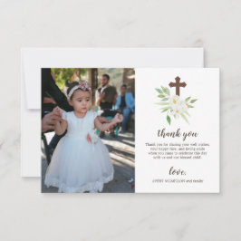 Cartão De Agradecimento Floral Branco e Verde Cruz Primeira Comunhão