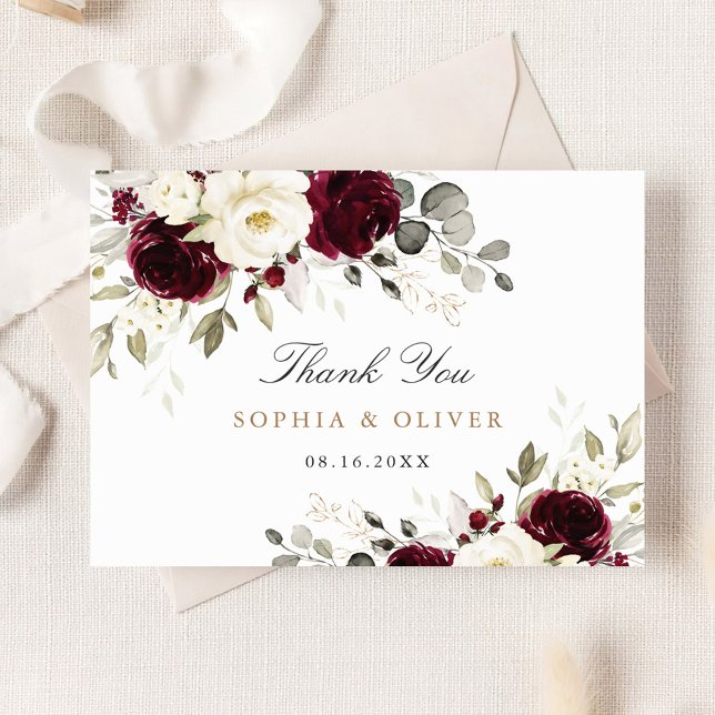 Cartão De Agradecimento Floral Burgundy White Greenery Thank You Card (Criador carregado)