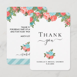 Cartão de Agradecimento Floral Coral e Azul-Teal