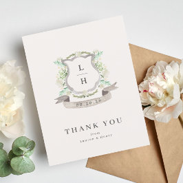 Cartão De Agradecimento Floral Crest Watercolor Monograma Casamento