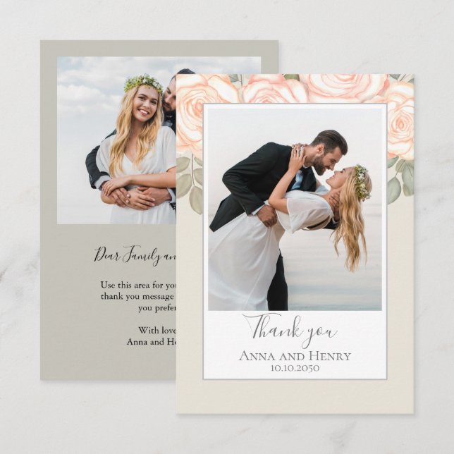 Cartão De Agradecimento Floral de Blush Personalizado de Casamento de Foto (Frente/Verso)