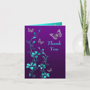 Cartão De Agradecimento Floral De Borboleta Teal, Roxo, Obrigado Nota