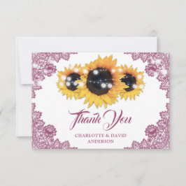 Cartão De Agradecimento Floral de Renda Rústica Rosa Girassol Casamento