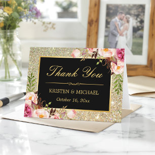 Cartão De Agradecimento Floral Dourada Glitter Sparkles Obrigado