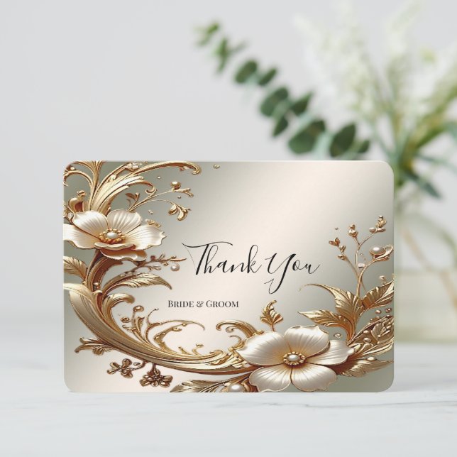Cartão de Agradecimento Floral Dourado (Em pé/Frente)