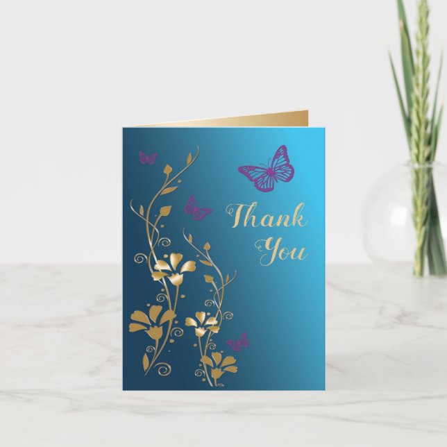 Cartão de Agradecimento Floral Dourado e Turquesa  (Frente)