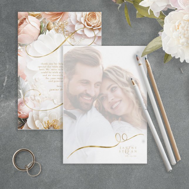 Cartão De Agradecimento Floral Drama Wedding Photo Template White ID1022 (Criador carregado)
