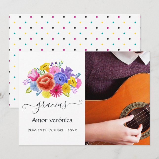 Cartão De Agradecimento Floral Espanhol Fiesta Quinceañera Foto Obrigado (Frente/Verso)
