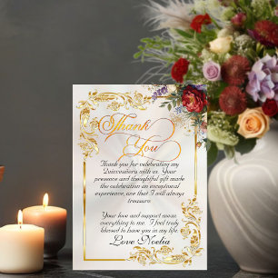 Cartão De Agradecimento Floral, Folhas Douradas e Tiara - Pérola Quinceane