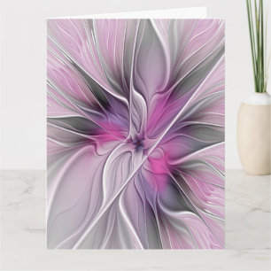 Cartão De Agradecimento Floral Fractal Moderno Abstrato Flor Rosa Cinza