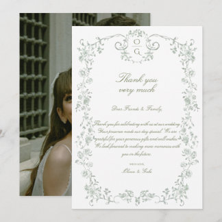 Cartão De Agradecimento Floral Francês Verde Sage Elegante Vintage