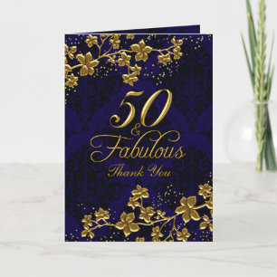 Cartão De Agradecimento Floral Gold Blue 50 & Fabulous Thank You Card