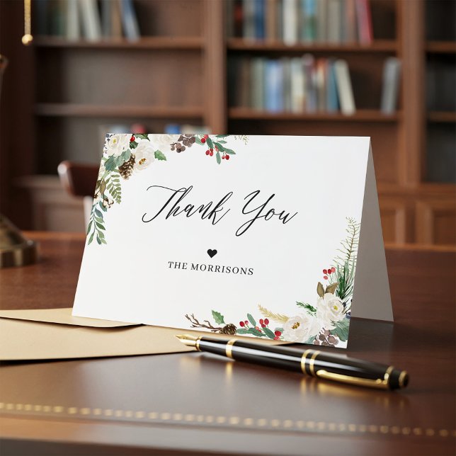 Cartão De Agradecimento Floral Holly Berries, Russo Chic Winter Obrigado (Criador carregado)