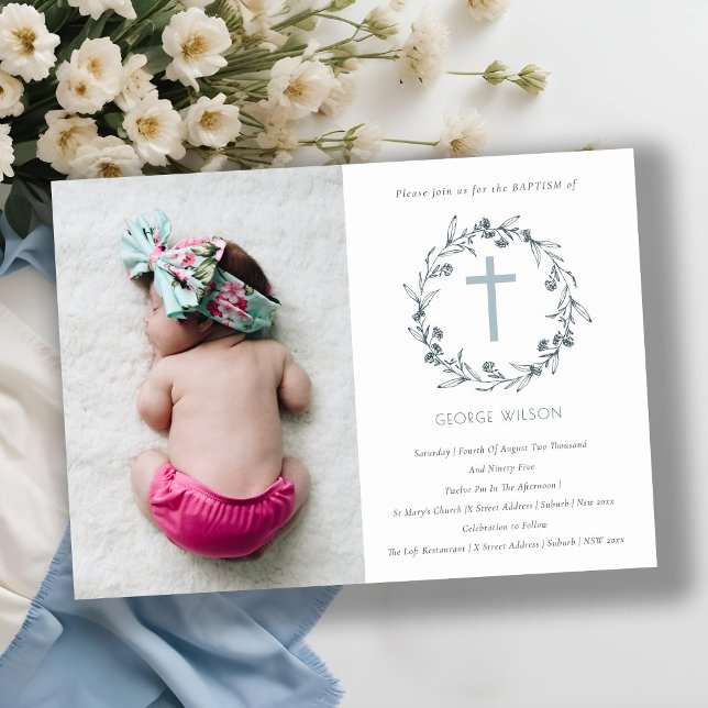 Cartão De Agradecimento Floral Laurel Wreath Photo Cross Baptism Invite (Criador carregado)