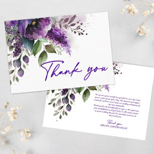 Cartão De Agradecimento Floral Moderno Elegante Casamento Roxo Obrigado