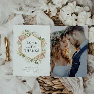 Cartão De Agradecimento Floral Neutro de Aquarela Amor Dourado e Obrigad