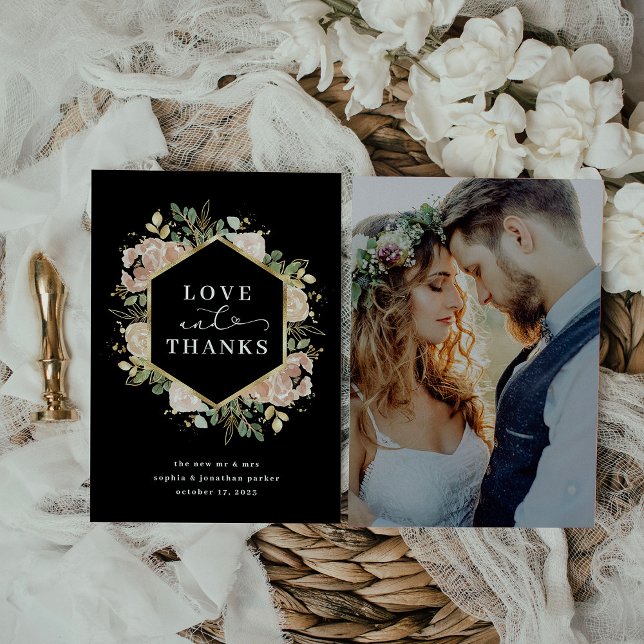 Cartão De Agradecimento Floral Neutro de Aquarela | Amor e Obrigados Preto (Criador carregado)